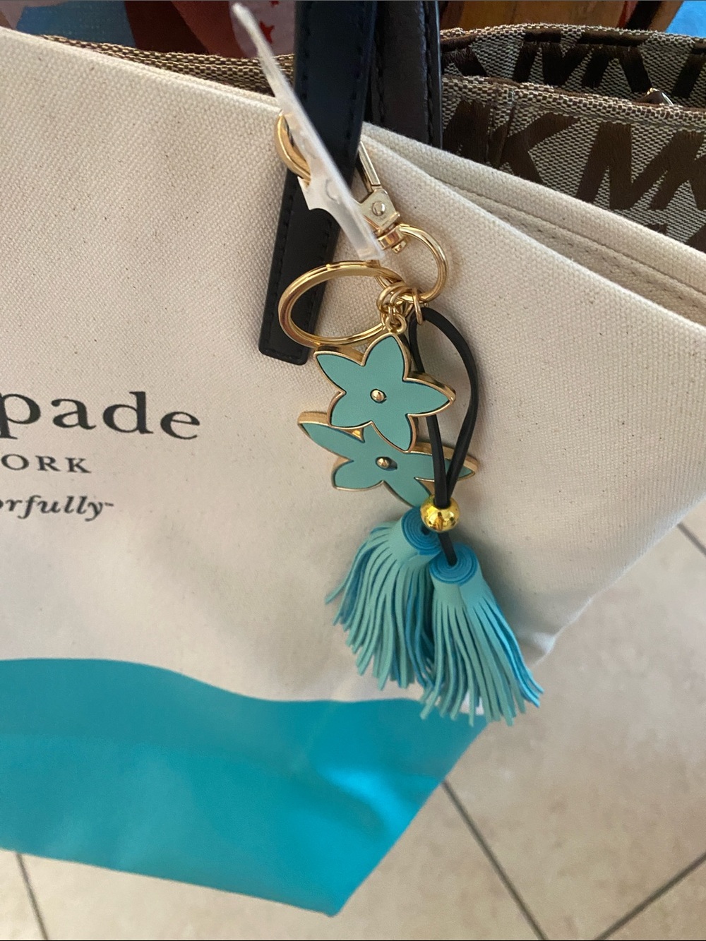 kate spade Cream and Teal Colorblock Tote with Tassel Charm - Picture 2 of 4
